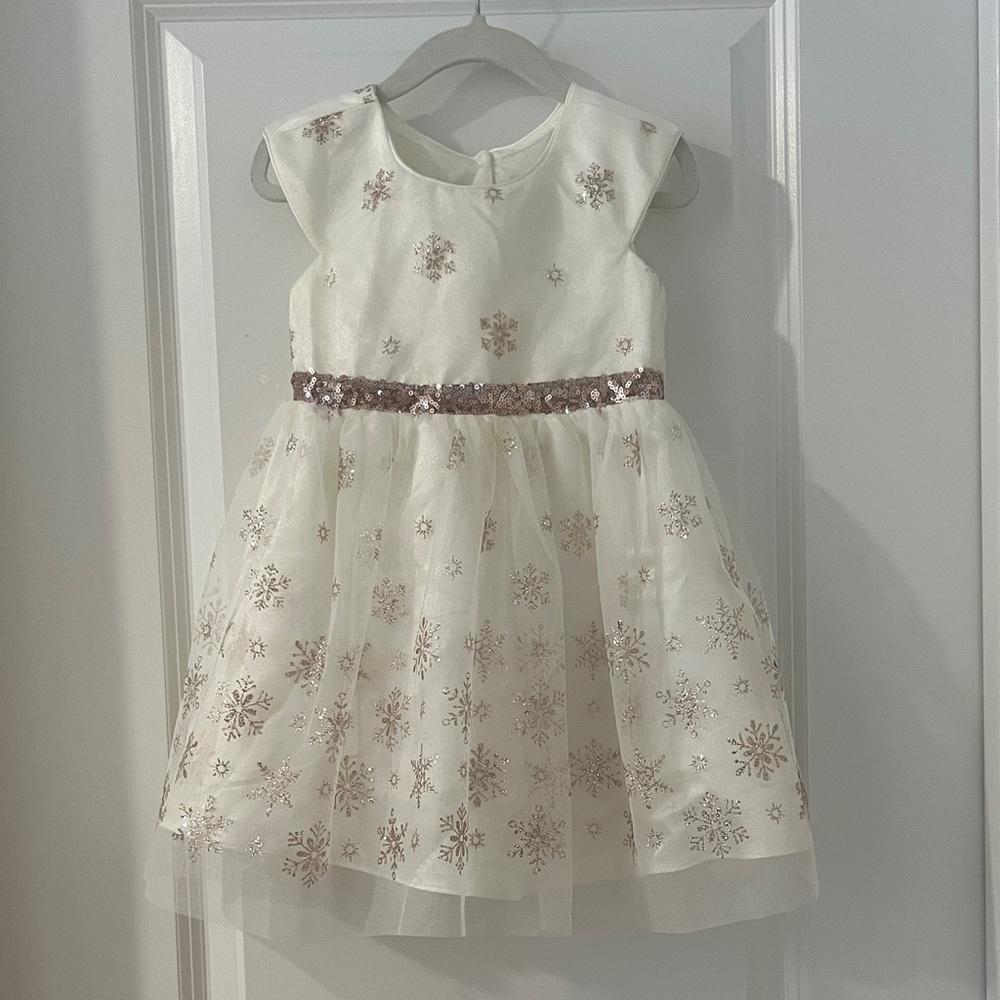 Girls Ivory Tulle Dress with Rose Gold Snowflake Accents